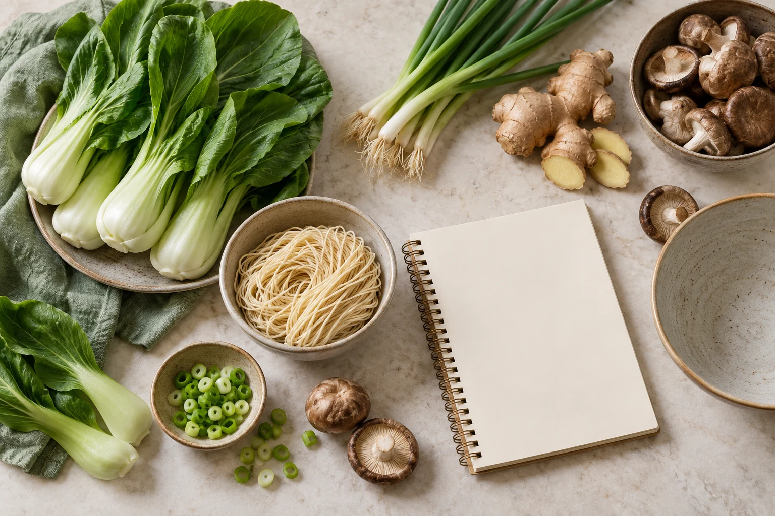 Bok choy, ginger, mushrooms and noodles beside a blank notebook; a fictional illustration.