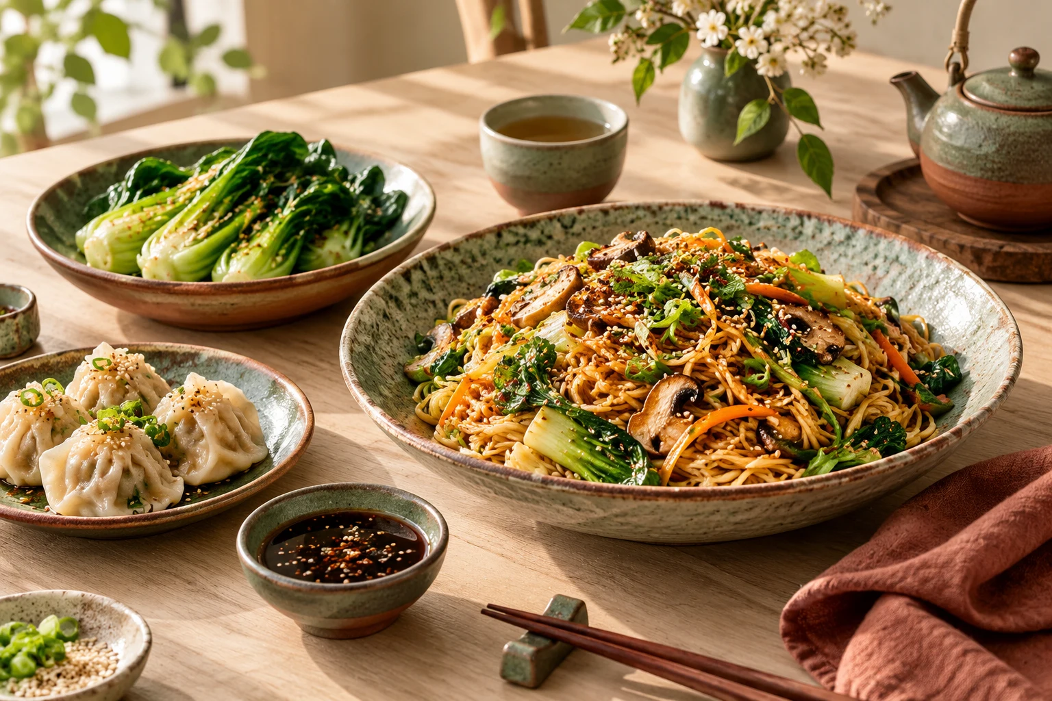 Vegetable noodles, dumplings and leafy greens on a sunlit table; a fictional culinary illustration.